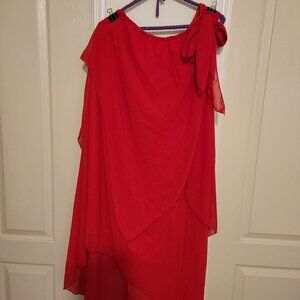 Katie Red Dress - loose fitting, silky from inside with one off shoulder, bow